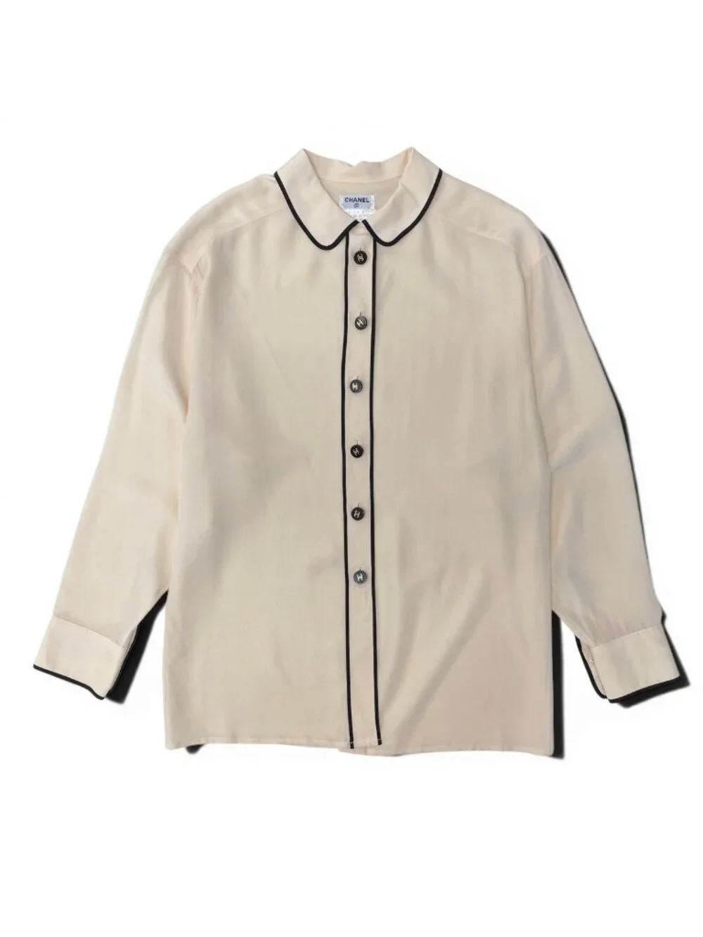 Chanel Long Sleeve Shirt CC Logo Button 38 Ivory Black Silk 100%